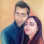 handsome man and beautiful woman together on orange background