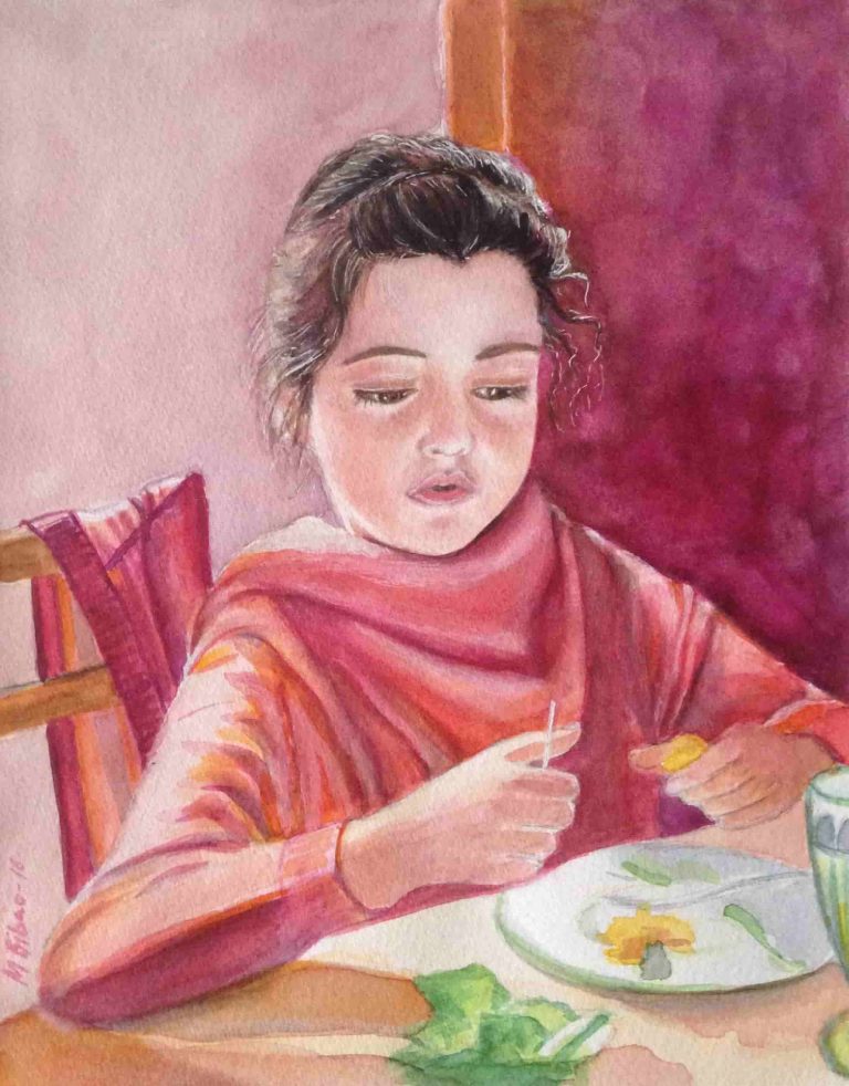 Watercolor painting of a young girl with dark hair sittingat a table, looking down intenly while peeling or preparing food.