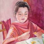 Watercolor painting of a young girl with dark hair sittingat a table, looking down intenly while peeling or preparing food.