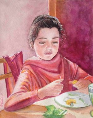 Figurative Watercolor painting of a young girl with dark hair sittingat a table, looking down intenly while peeling or preparing food.