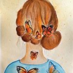Lady butterfly in blue dress watercolor