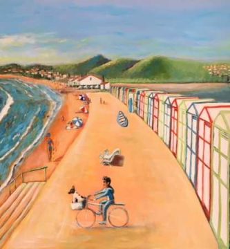 Acrylic colorful painting of Sant Pol, Sant Feliu de Guixols, Costa Brava, Girona.