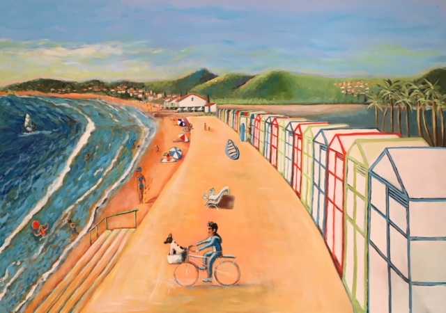 Acrylic colorful painting of Sant Pol, Sant Feliu de Guixols, Costa Brava, Girona.