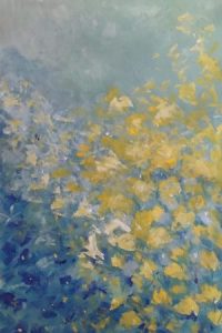 Bluesand yellow bright colors, acrylic abstract painting, blue and yellow flowers