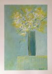 fine art acrylic abstract painting, blue and yellow flowers