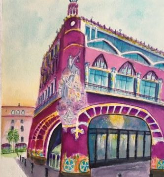 how to use bright colors in painting a building watercolor, Palau de la Música Catalana