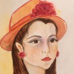 watercolor of a girl wearing hat with a flower and flowered earrings