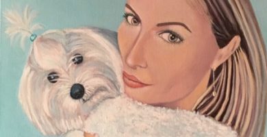 Acrylic realist Portrait of a woman and puppy