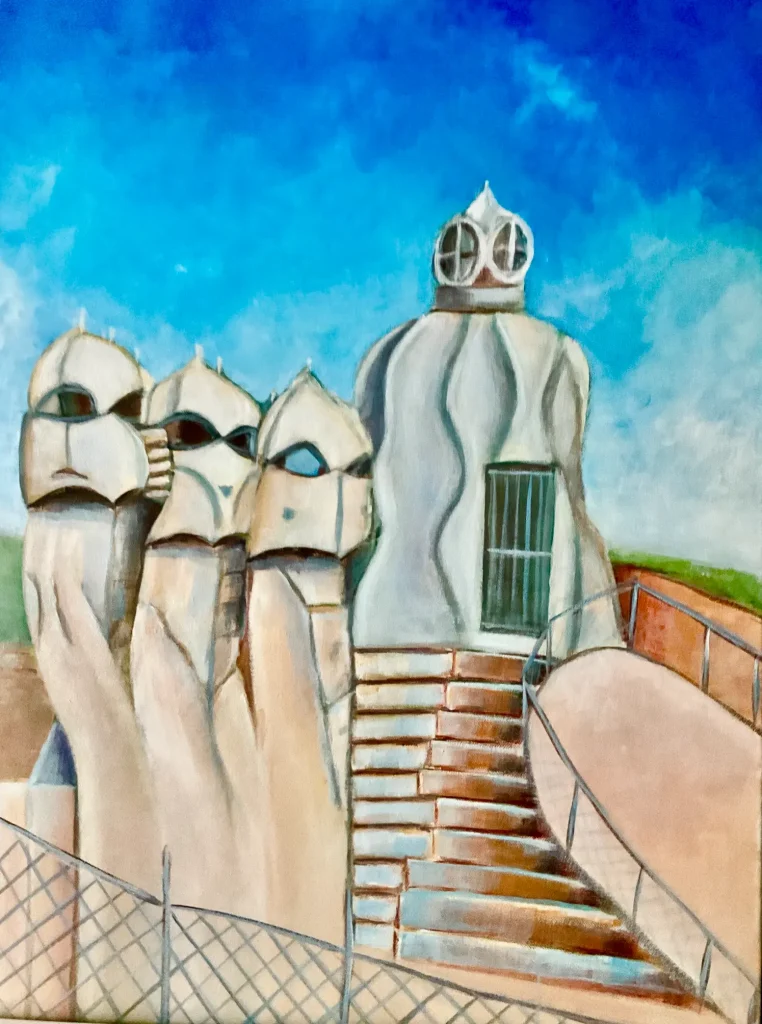 Figurative Acrylic painting of La Pedrera rooftop in Barcelona, featuring the iconic warriorshaped chimneys and a central white tower with steps under a vibrant blue sky.