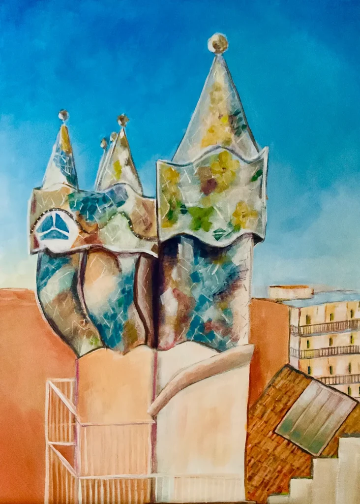 Figurative Acrylic on canvas painting of the colorful mosaic-tiled chimneys on the Palau Güell rooftop in Barcelona under a deep blue sky.