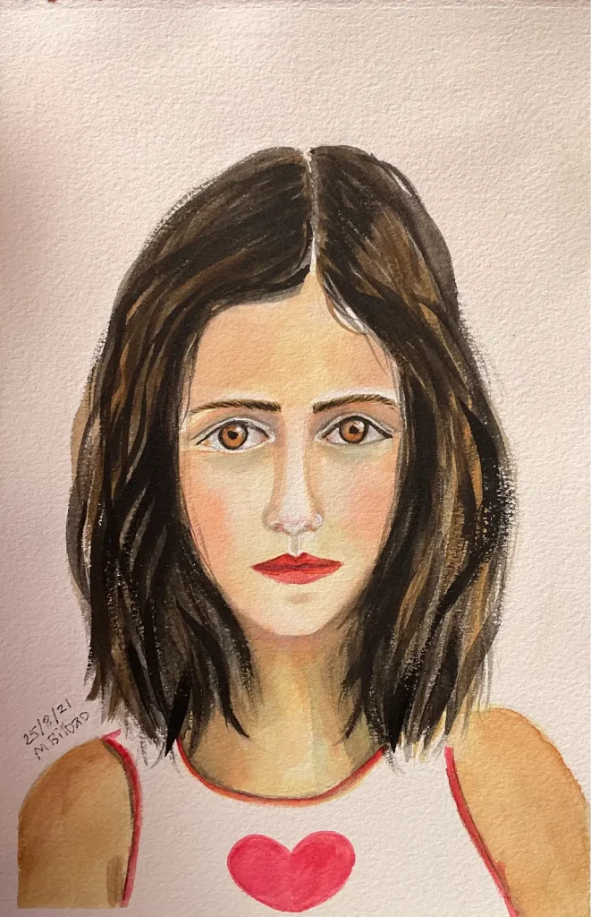 Figurative Watercolor portrait painting of a young girl wearing a sleeveless T shirt in white with a red heat on it. The girl has lovely huge eyes and looks stright into your eyes,