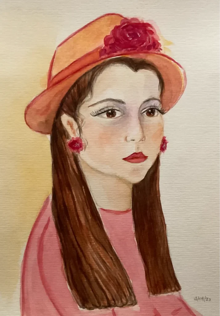 Figurative Watercolor painting of a young woman, with long brown hair, Wearing and orange hat adorned with a crimson flower and matching earings.
