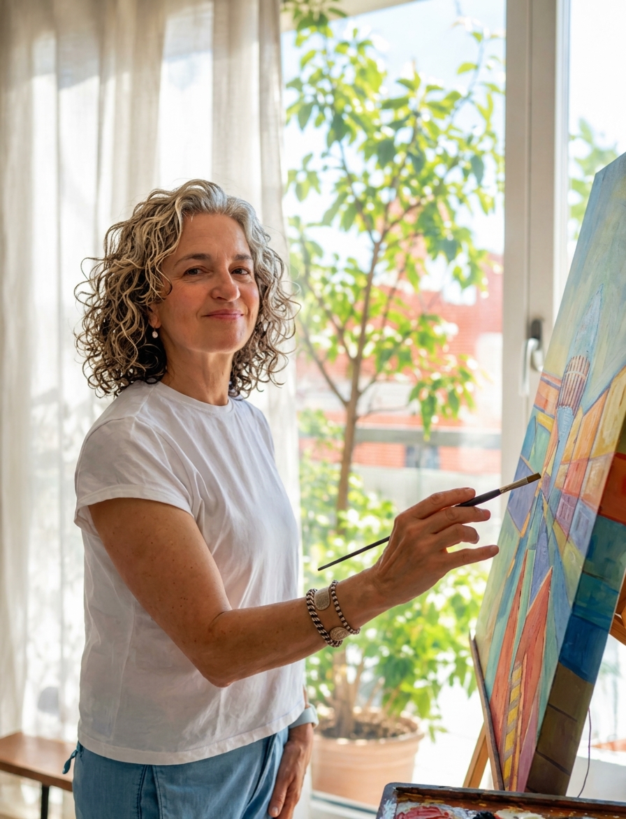 Home "A colored photograph of a female artist with curly hair in her bright studio, standing next to a large canvas on an easel. She holds a paintbrush resting lightly against the painting, looking directly at the camera with a gentle, welcoming smile. Soft natural light streams in from a window behind her, creating a warm and inviting atmosphere."