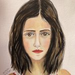 Watercolor portrait painting of a young girl wearing a sleeveless T shirt in white with a red heat on it. The girl has lovely huge eyes and looks stright into your eyes,