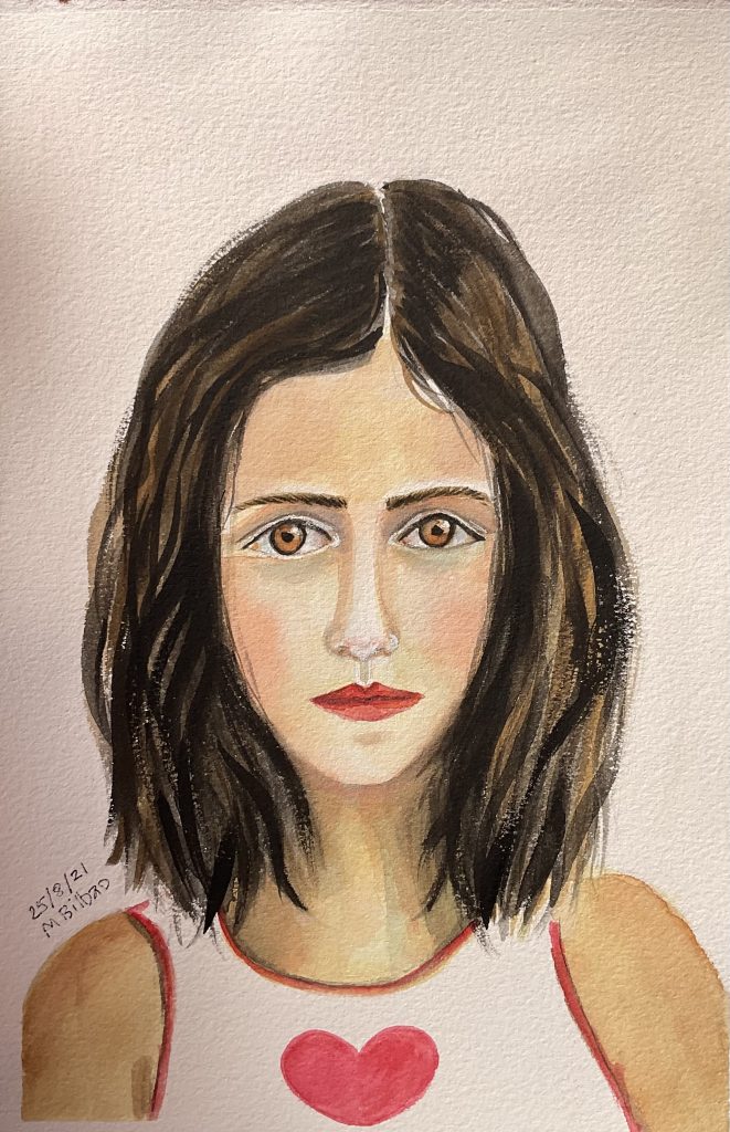 Watercolor portrait painting of a young girl wearing a sleeveless T shirt in white with a red heat on it. The girl has lovely huge eyes and looks stright into your eyes,