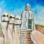 Casa Milà Acrylic painting of La Pedrera rooftop in Barcelona, featuring the iconic warriorshaped chimneys and a central white tower with steps under a vibrant blue sky.