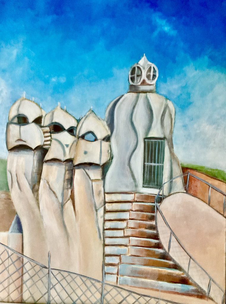 Casa Milà Acrylic painting of La Pedrera rooftop in Barcelona, featuring the iconic warriorshaped chimneys and a central white tower with steps under a vibrant blue sky.