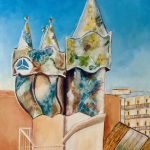 Güell Palace Rooftop Acrylic on canvas painting of the colorful mosaic-tiled chimneys on the Palau Güell rooftop in Barcelona under a deep blue sky.