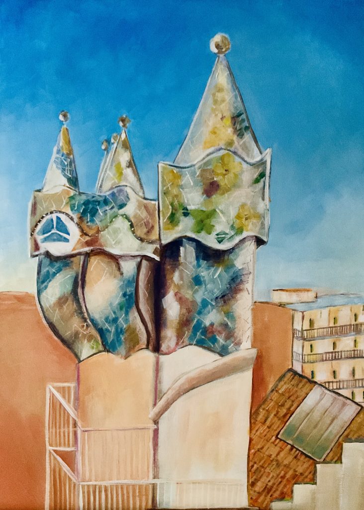 Home Acrylic on canvas painting of the colorful mosaic-tiled chimneys on the Palau Güell rooftop in Barcelona under a deep blue sky.
