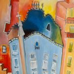 Casa Batlló Acrylic painting of Casa Batlló building with whimsical, curved architecture, a blue facade, a scaled roof line, and a cross on the top against a warm orange background.