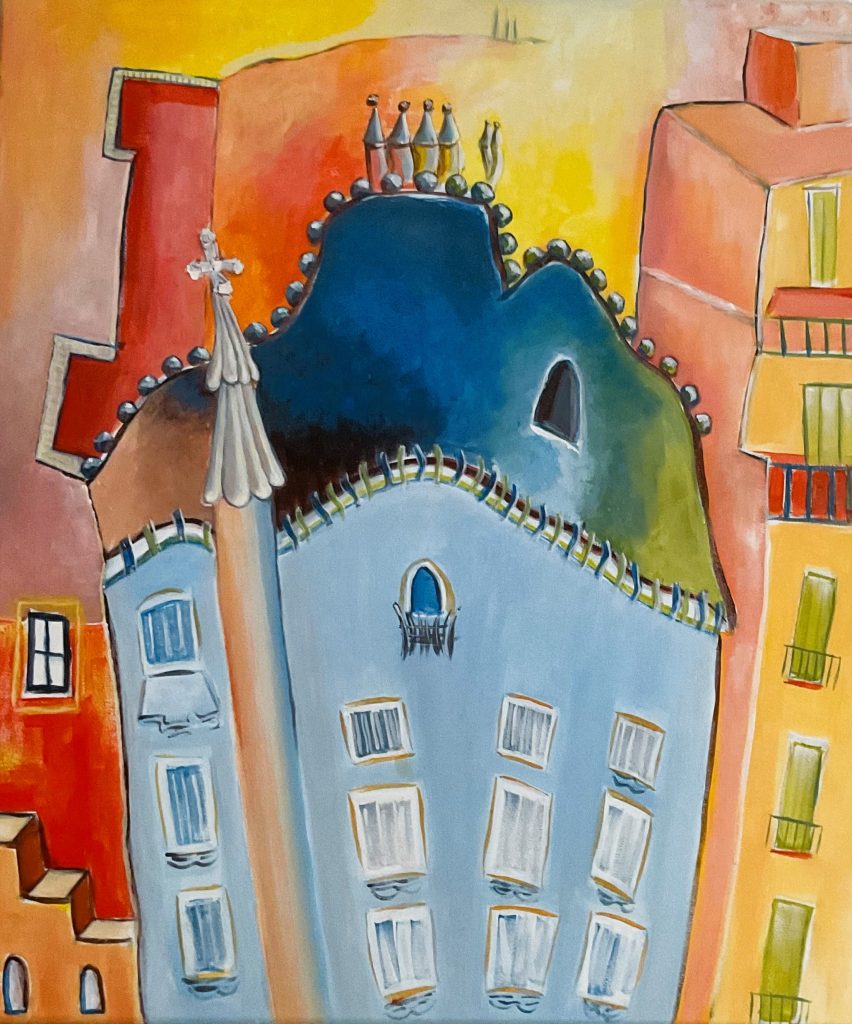 Home Acrylic painting of Casa Batlló building with whimsical, curved architecture, a blue facade, a scaled roof line, and a cross on the top against a warm orange background.