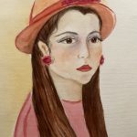 Watercolor painting of a young woman, with long brown hair, Wearing and orange hat adorned with a crimson flower and matching earings.