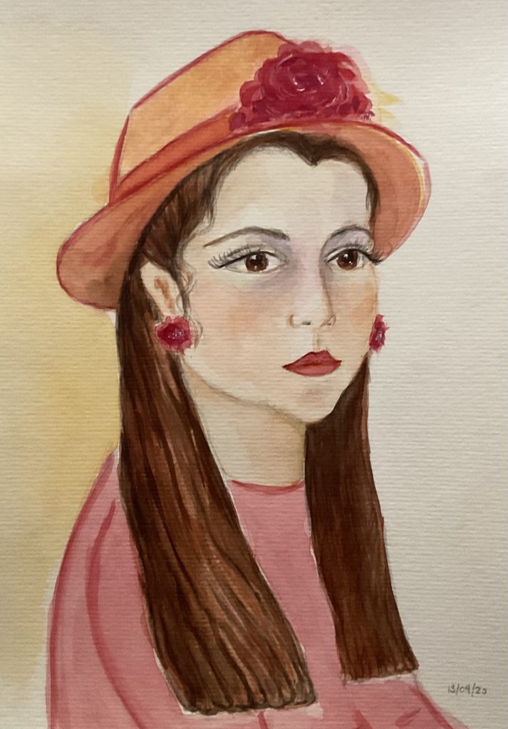 Watercolor painting of a young woman, with long brown hair, Wearing and orange hat adorned with a crimson flower and matching earings.
