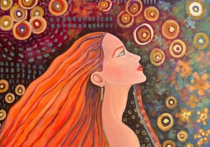 Home Red-haired woman gazing upward, surrounded by a vast cosmic universe. Golden stars shimmer around her, glowing against a rich pallette of blues and oranges.