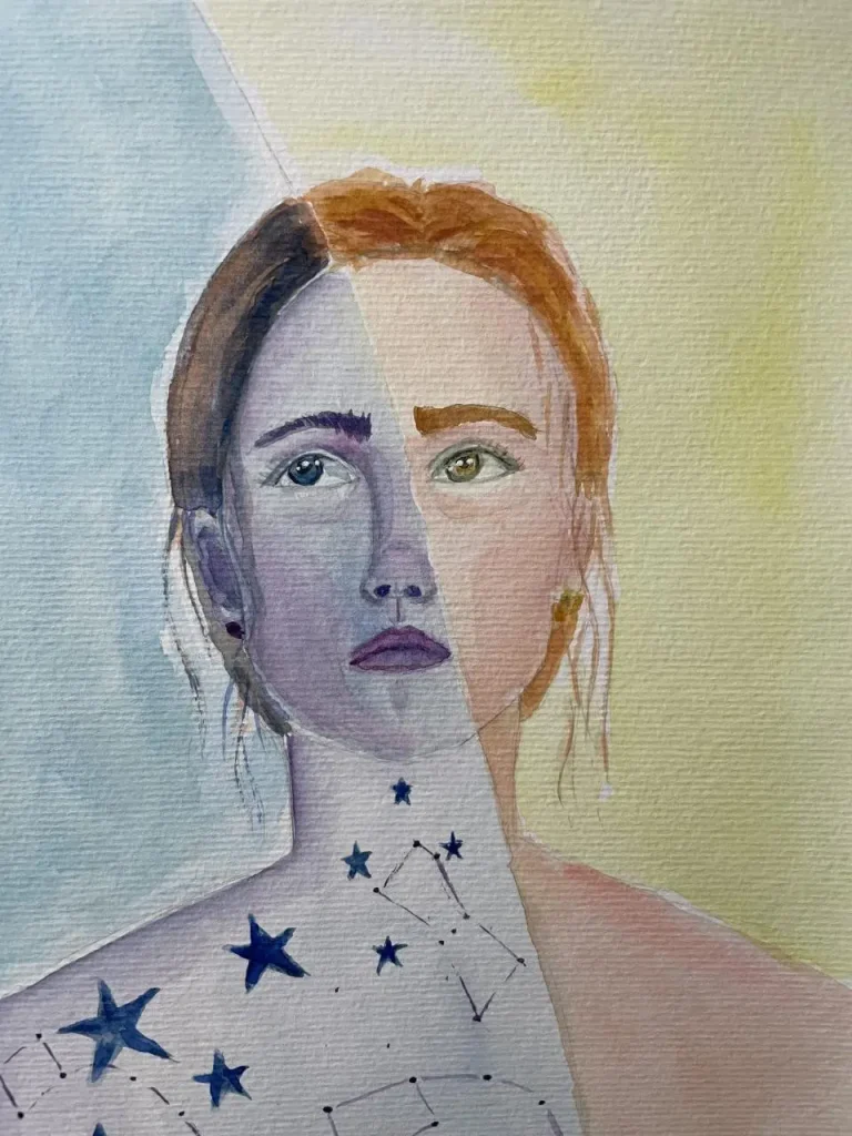 About Me Portait of a woman with red hair and blue eyes, surrounded by stars and celestial symbols. It represents the duality day and night and the unitu of different selves.
