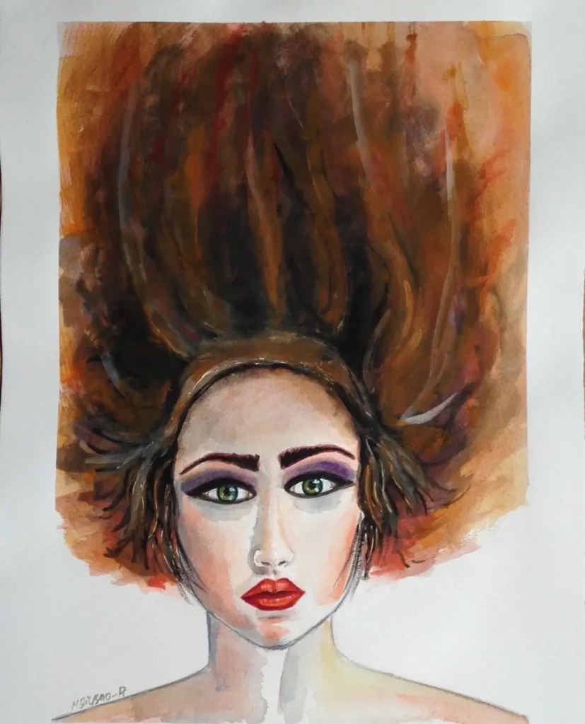 Watercolor of a young girl embodying the spirit of Freya indestructible strength and power of the femenine spirit. With her fiery red hair, striking eyes, and Viking-like presence, she stands as a symbol of courage, resilience, and inner power.